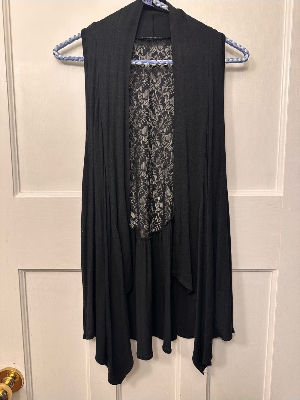 2️⃣Black Medium Open Front Draped Cardigan with Lace Back